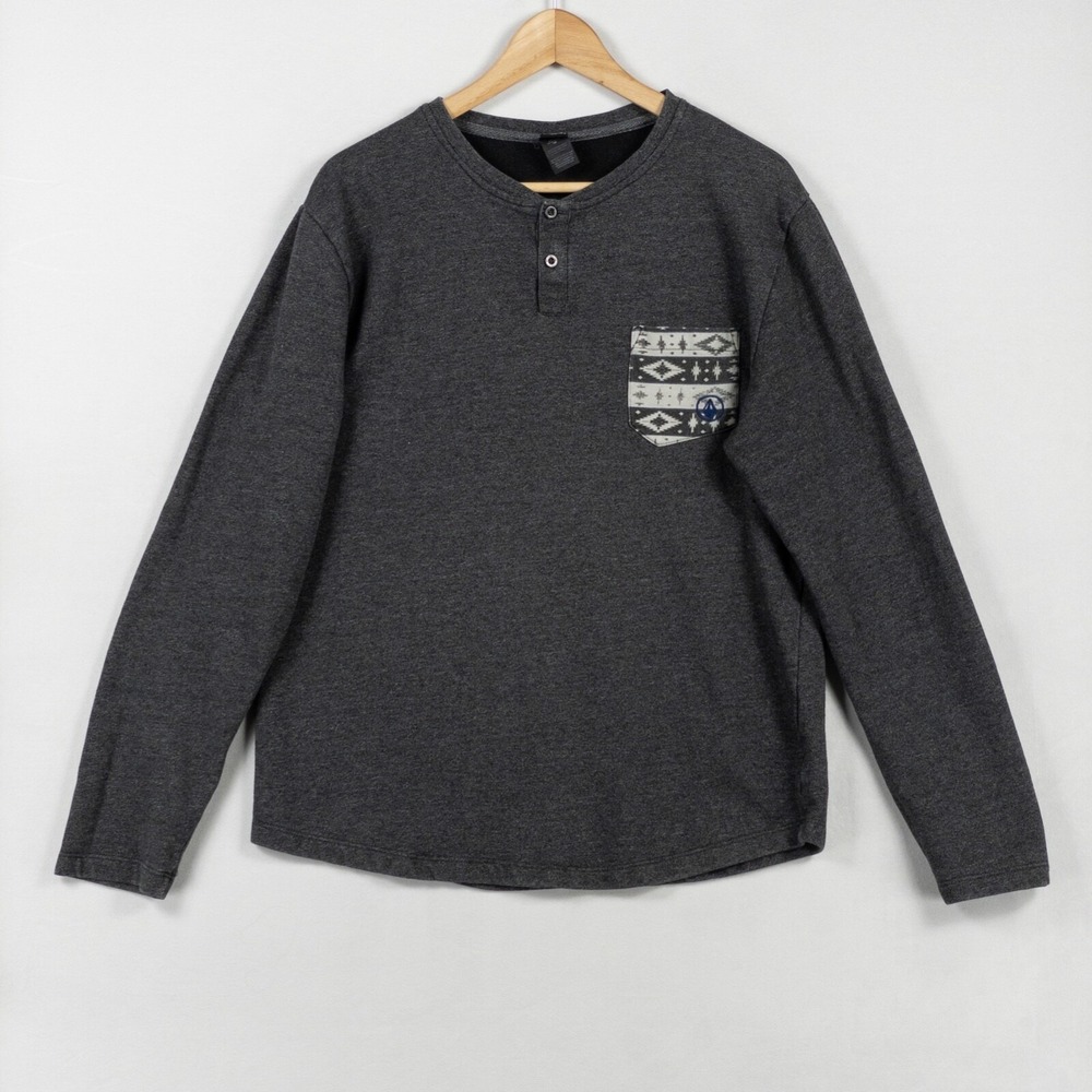 Volcom Sweater Mens Large Gray Henley Pullover Cotton Blend Long Sleeve Pocket
